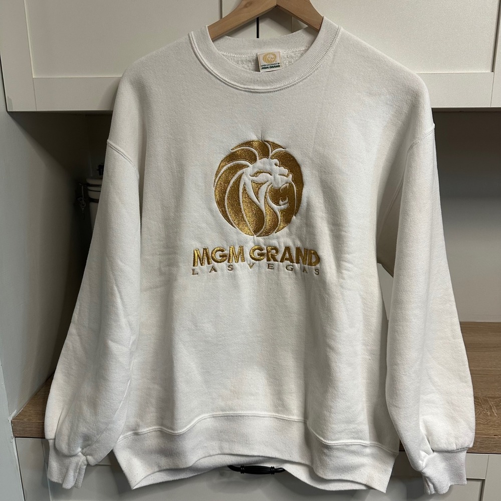 MGM Grand Sweatshirt Unisex Large White 1993 Vintage Embroidered Logo USA Made